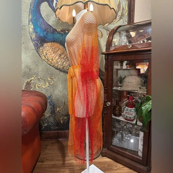 Boho Sunset Ombre Mesh Maxi Kimono Cover-Up Fringe Festival Beach Party O/S - Picture 5 of 11